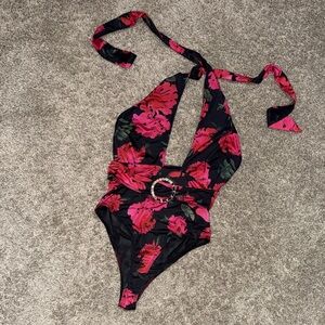 5/$20 SWIM SALE Black Floral Halter One-Piece Swimsuit with Ring Detail